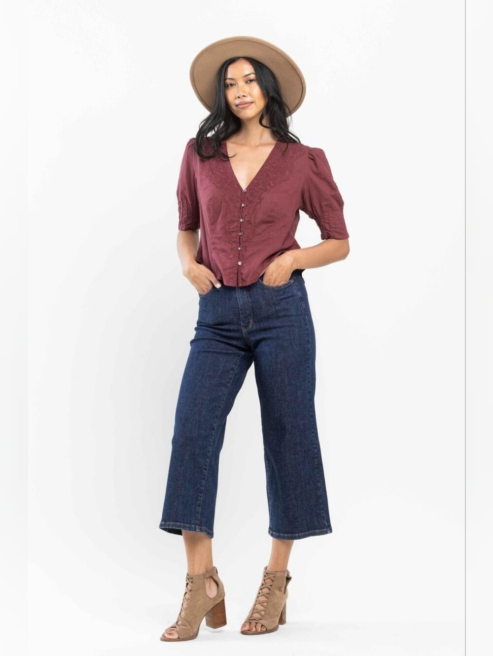 Judy Blue High Waist Tummy Control Tailored Wide Leg Crop Denim Jeans 13 WJ104